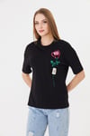  Sortie CollectionGül Baskılı Rahat Kalıp Basic T-Shirt - Siyah