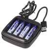 4x AAA 1.5V 1100mWh tipik olarak 700mAh lityum iyon pil, yalnızca özel bir şarj cihazıyla şarj edilebilir