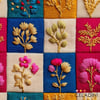 Gold Çiçekli Patchwork 3D Nakış Efektli Kumaş
