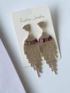 İthal Fuşya Yeşil Taşlı Sallantılı Küpe (8.5 Cm)