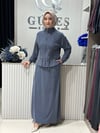 Güneş Kombin Bel Bağcıklı Önden Fermuarlı Etekli İkili Takım Mavi