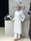 Güneş Kombin Omuz Detaylı Taşlı Uzun Tunik Beyaz