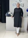 Güneş Kombin Omuz Detaylı Taşlı Uzun Tunik Siyah