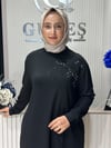 Güneş Kombin Omuz Detaylı Taşlı Uzun Tunik Siyah