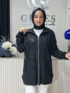 Güneş Kombin Önü Dantel Detaylı Fermuarlı Hırka Siyah