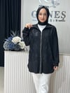 Güneş Kombin Önü Dantel Detaylı Fermuarlı Hırka Siyah