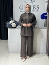 Güneş Kombin Önü Fermuarlı ve Taş İşlemeli İkili Takım Kahverengi