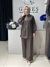 Güneş Kombin Önü Fermuarlı ve Taş İşlemeli İkili Takım Kahverengi
