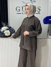 Güneş Kombin Önü Fermuarlı ve Taş İşlemeli İkili Takım Kahverengi
