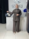 Güneş Kombin Önü Fermuarlı ve Taş İşlemeli İkili Takım Kahverengi