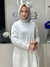 Güneş Kombin Önü ve Kolları Taşlı Uzun Tunik Beyaz