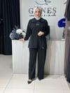 Güneş Kombin Paraşüt Kumaş Detaylı İkili Takım Siyah