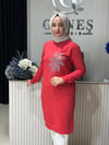 Güneş Kombin Tasarım Çiçek Taş Baskı Tunik Kırmızı