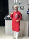 Güneş Kombin Tasarım Çiçek Taş Baskı Tunik Kırmızı