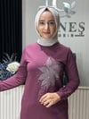 Güneş Kombin Tasarım Çiçek Taş Baskı Tunik Mürdüm