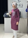 Güneş Kombin Tasarım Çiçek Taş Baskı Tunik Mürdüm