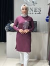 Güneş Kombin Tasarım Çiçek Taş Baskı Tunik Mürdüm