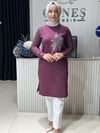 Güneş Kombin Tasarım Çiçek Taş Baskı Tunik Mürdüm