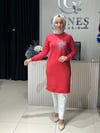 Güneş Kombin Tasarım Güneş Taş Baskı Tunik Kırmızı