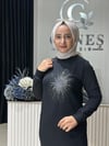 Güneş Kombin Tasarım Güneş Taş Baskı Tunik Siyah