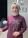 Güneş Kombin Tasarım Palmiye Taş Baskı Tunik Mürdüm