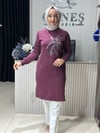 Güneş Kombin Tasarım Palmiye Taş Baskı Tunik Mürdüm