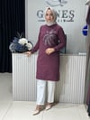 Güneş Kombin Tasarım Palmiye Taş Baskı Tunik Mürdüm