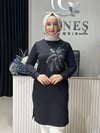 Güneş Kombin Tasarım Palmiye Taş Baskı Tunik Siyah