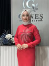 Güneş Kombin Tasarım Palmiye Taş Baskı Tunik Kırmızı