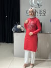 Güneş Kombin Tasarım Palmiye Taş Baskı Tunik Kırmızı