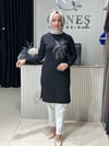 Güneş Kombin Tasarım Palmiye Taş Baskı Tunik Siyah
