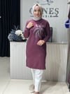 Güneş Kombin Tasarım Palmiye Taş Baskı Tunik Mürdüm