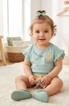 KIZ BEBEK FIRFIR KOLLU ÇİÇEKLİ MİNT ŞORTLU TAKIM 