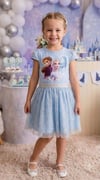 KIZ ÇOCUK FROZEN BASKILI SİMLİ TÜL DETAYLI ELBİSE 