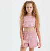 KIZ ÇOCUK PEMBE PAYETLİ CROP ŞORT TAKIM 8-14