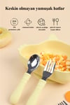 Silikon Saplı Paslanmaz Çelik Bebek Kaşık Çatal Seti Açık Mavi