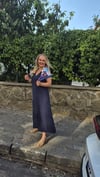 V Yaka Midi Boy Cepli %/100 Pamuklu Lacivert Müslin Kumaş Elbise 