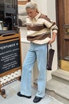 Bej Çizgili Polo Yaka Overfit Kadın Sweatshirt SH298