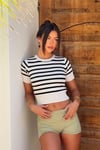 Beyaz Bisiklet Yaka Çizgili Kadın T-shirt SH371