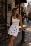Beyaz Puantiyeli Mini Jean Etek SH387