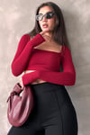 Bordo Kare Yaka Parmak Detaylı Kadın Body SH211
