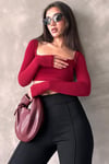 Bordo Kare Yaka Parmak Detaylı Kadın Body SH211