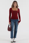 Bordo Kare Yaka Uzun Kollu Kadın Body SH202
