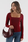 Bordo Kare Yaka Uzun Kollu Kadın Body SH202