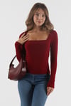 Bordo Kare Yaka Uzun Kollu Kadın Body SH202