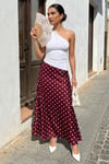 Bordo Puantiyeli Maxi Kadın Saten Etek SH385