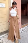 Camel Beli Lastikli Yırtmaçlı Uzun Kadın Etek SH375