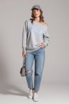 Gri Kayık Yaka Oversize Baskılı Kadın Sweatshirt SH204