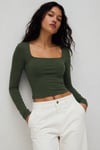 Haki Kare Yaka Uzun Kollu Kadın Body SH206