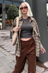 Haki Oversize Ekose Desenli Kadın Gömlek SH334